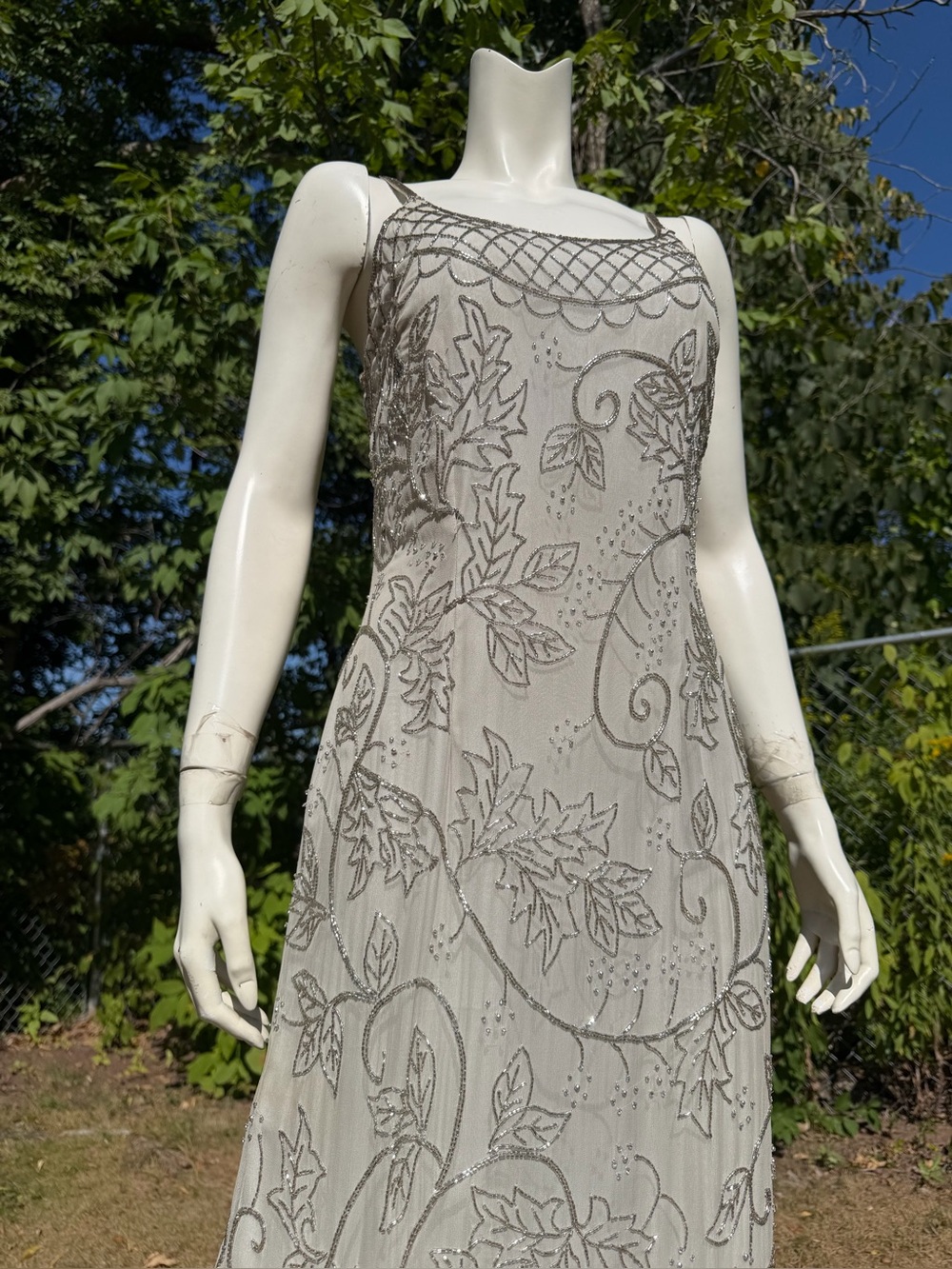 Vintage CACHE BEADED DRESS 100% Silk Gray Metallic Silver Beading Beads LARGE L - Picture 10 of 17